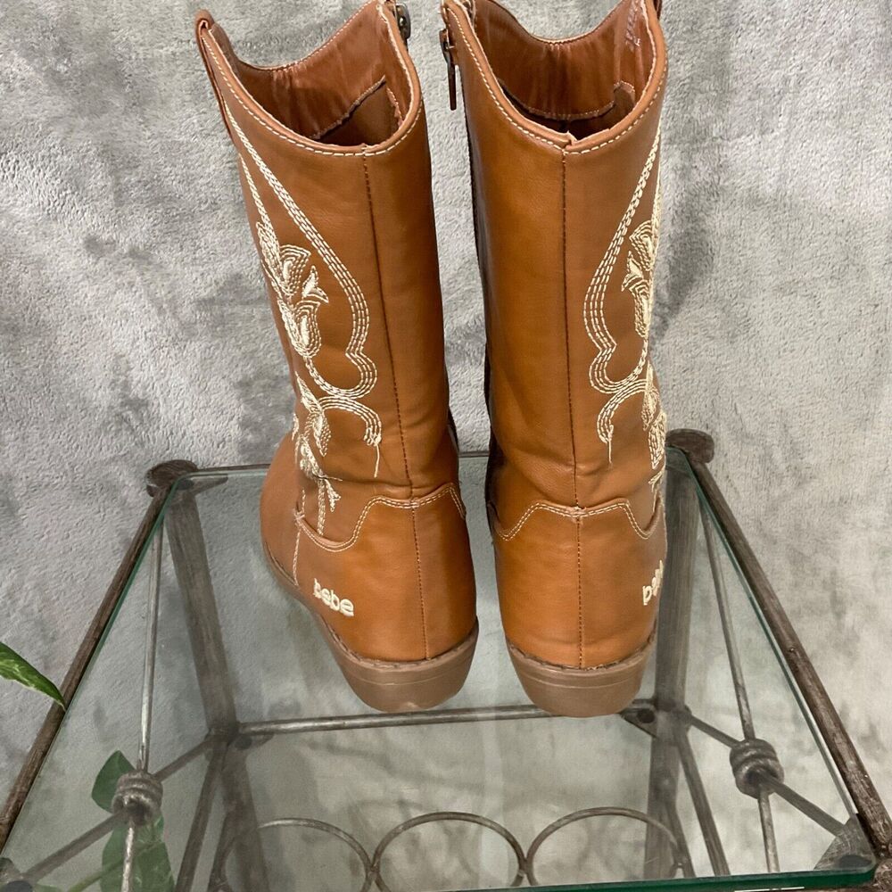 Bebe Cowgirl Boots women’s size 5 Brown faux leather embroidered logo name - Picture 4 of 16